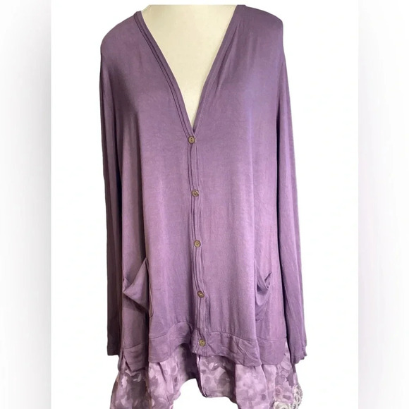 LOGO by Lori Goldstein button front knit cardigan with water colored sheer trim - Picture 1 of 8